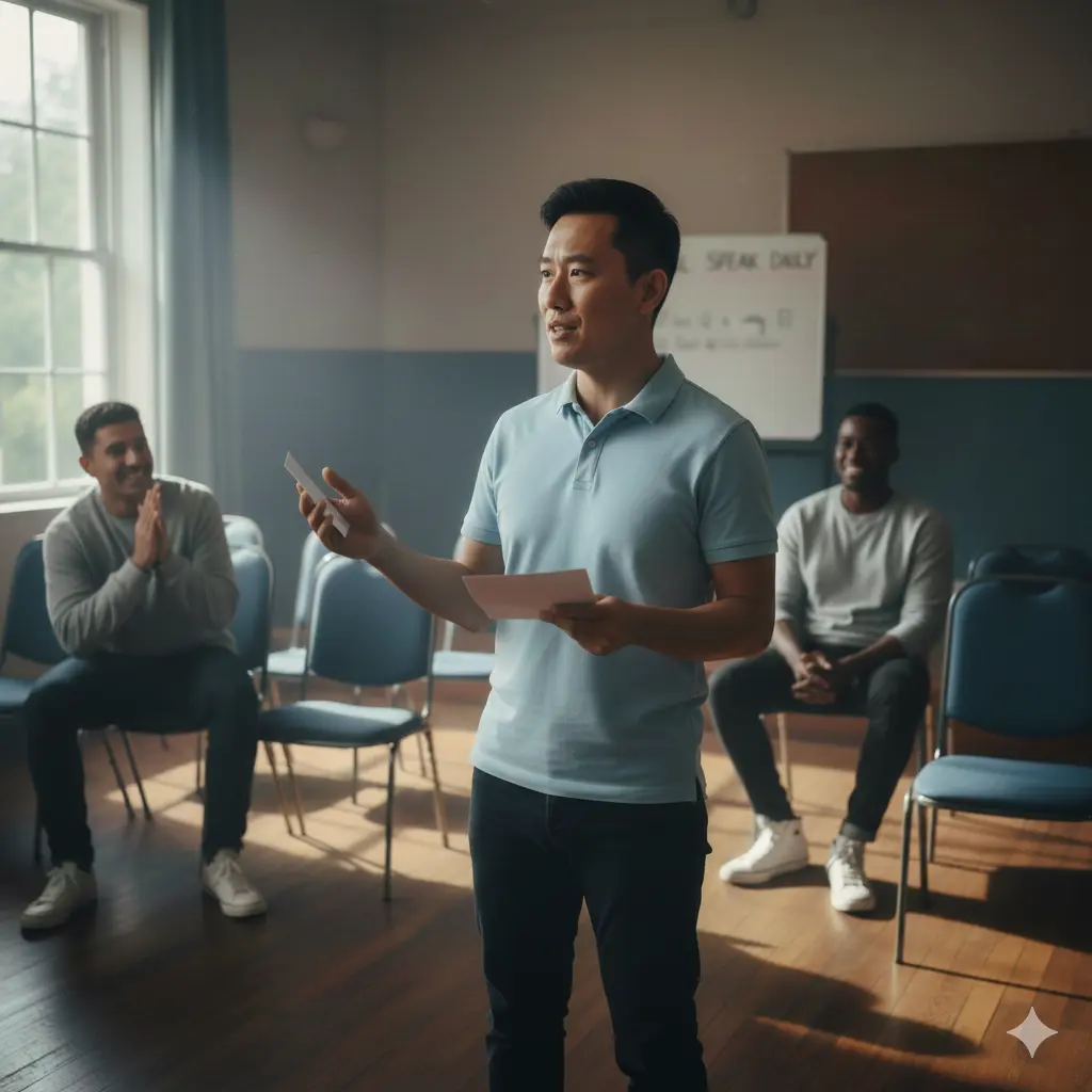 Person practicing a speech in a room set up with chairs as a mock audience
