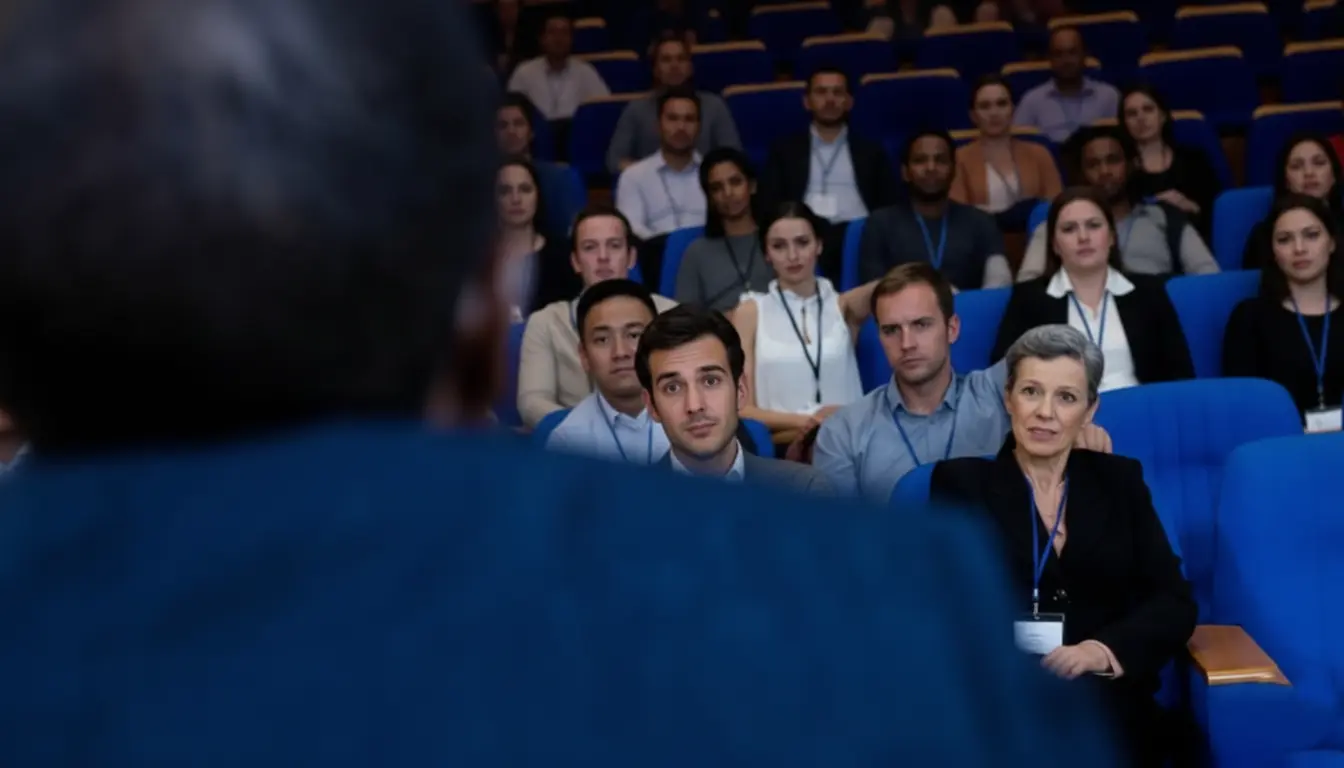 View from behind a speaker looking out at a diverse, attentive audience in a lecture hall. All audience members are seated and making direct eye contact with the speaker to demonstrate engagement, with a woman in the front row listening intently with her hands resting in her lap.