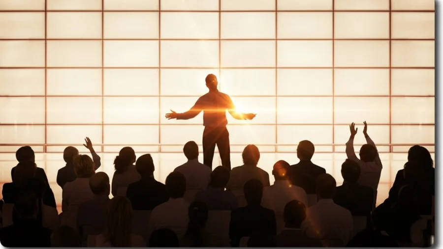 Silhouette of an energetic speaker on a stage with outstretched arms, facing a large, illuminated audience where several attendees are raising their hands, symbolizing high engagement, passion, and a dynamic exchange of energy.