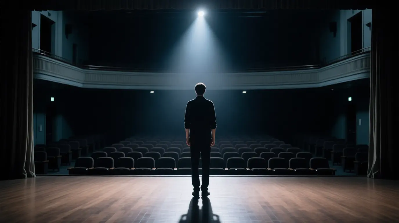 Calm speaker alone under spotlight on empty theater stage